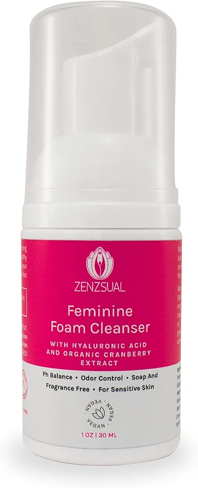 ZENZSUAL Feminine Foam Cleanser with Hyaluronic Acid and Organic Cranberry Extract – PH Balance, Feminine Wash, Hypoallergenic Vaginal Moisturizer – Fragrance Free (1 Oz.)