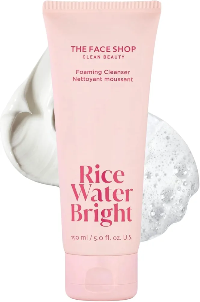 The Face Shop Rice Water Bright Foaming Facial Cleanser with Ceramide, Gentle Face Wash for Hydrating & Moisturizing, Vegan Face Cleanser, Makeup Remover, Korean Skin Care for All Skin Types