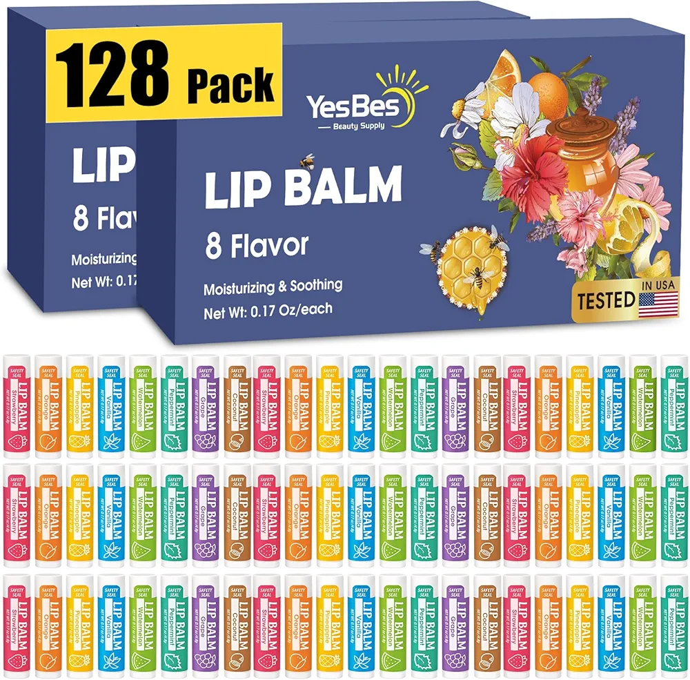 128 Pack Lip Balm, Natural Lip Balm Bulk with Vitamin E and Coconut Oil, Moisturizing Lip Balm for Dry Cracked Lips, Lip Balm for Stocking Stuffers - 8 Flavors