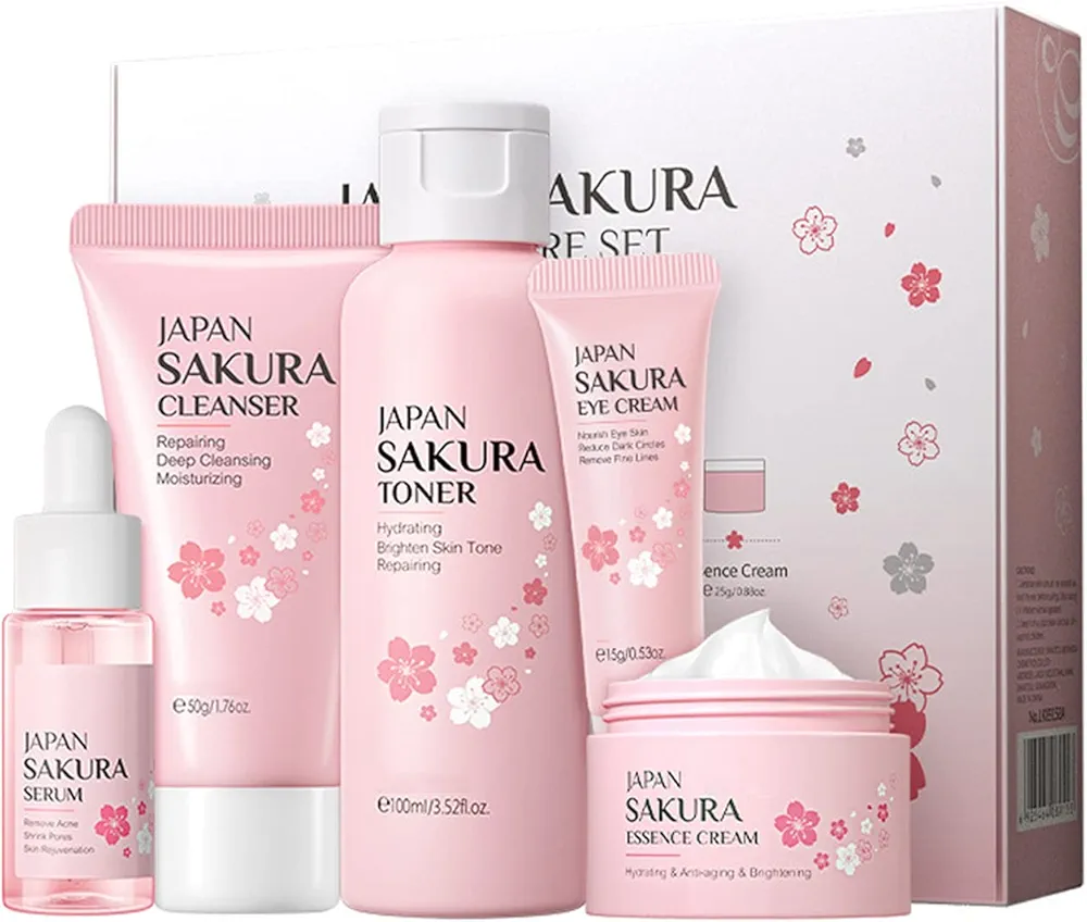 Skin Care Set - Women Gift Sets - Sakura Skin Care Sets & Kits - Gift Set with Cleanser,Toner,Serum,Eye Cream,essence Serum - Beauty Products For Women (SetC)