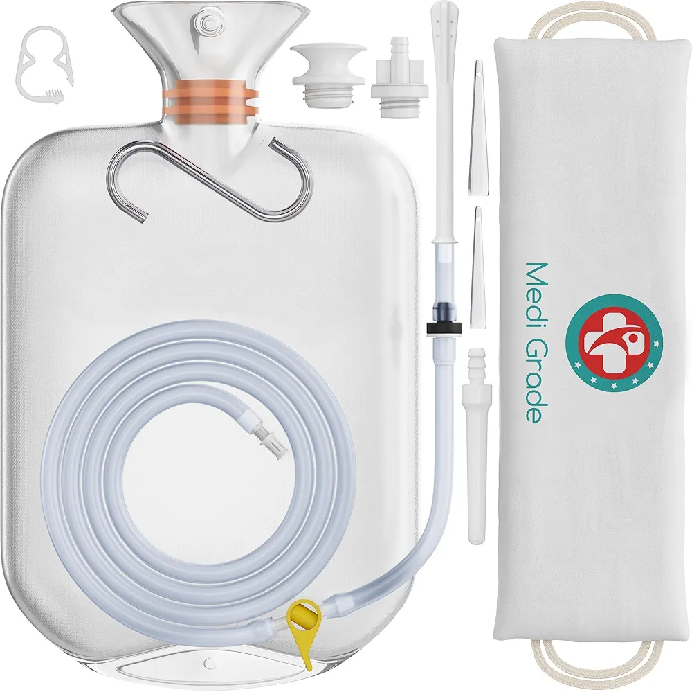 Medi Grade Enema Kit for Adults, 0.53 Gal Capacity - Transparent, Hands-free with One-way Valve, 4 Tips and Enema Bag - Enemas for Colon Cleanse for Women and Men - for Coffee Enema & Colon Cleansing