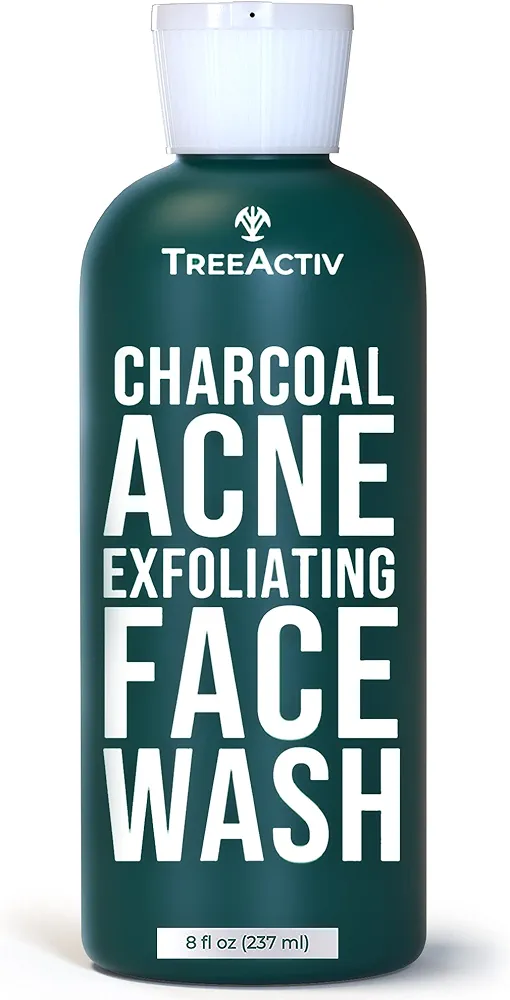 TreeActiv Charcoal Acne Exfoliating Face Wash | Hydrating Sulfur Cleanser for Pimple, Zit, Whitehead, & Blackhead | Facial Treatment for Hormonal & Cystic Acne | Teen & Adult Milia Remover | 425+ Uses