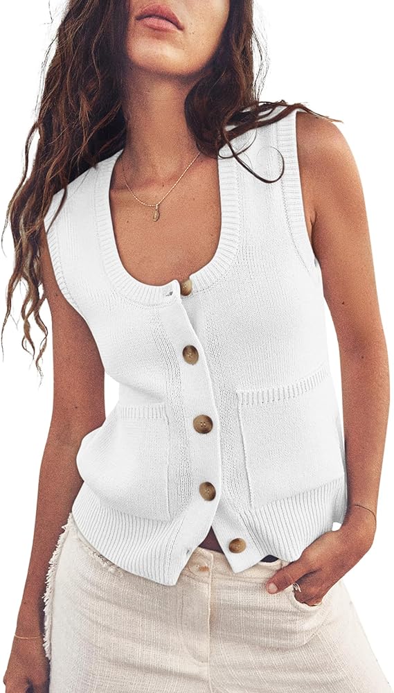 Yousify Womens Sweater Vest Summer Ribbed Tank Tops Sleeveless Button Down Shirts Scoop Neck Top for Women