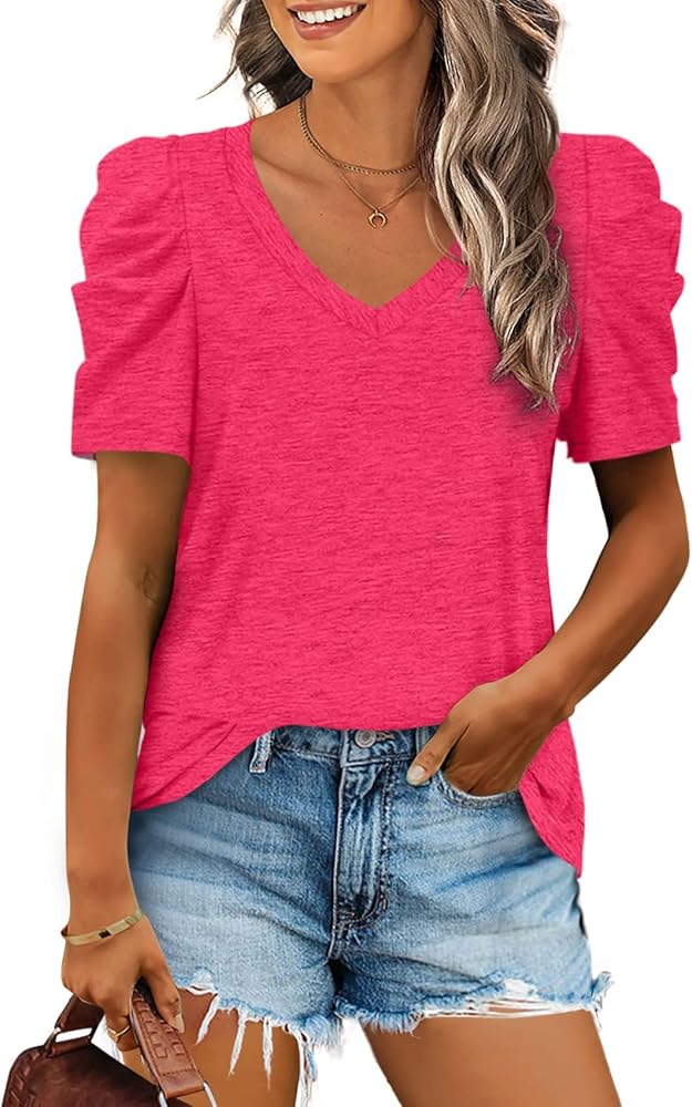 LCXWFE Womens Casual V Neck T Shirt Puff Sleeve Tops Ruched Elegant Summer Shirts