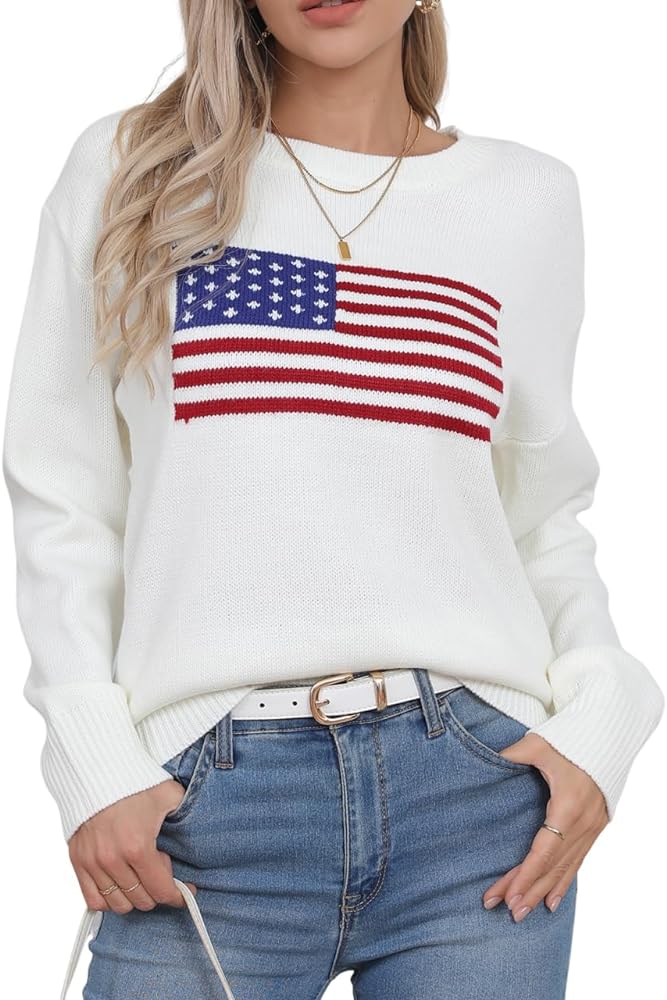 Womens American Flag Sweater Long Sleeve Crew Neck Knitted Casual Pullover Sweater