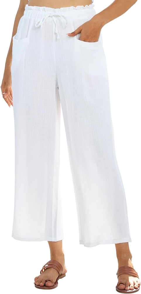 siliteelon Wide Leg Linen Pants for Women Summer Capri Palazzo Flowy Pants Casual Loose High Waist Linen Pants with Pockets