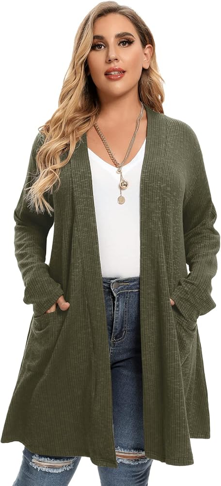 LARACE Open Front Knit Cardigan Sweaters for Women Plus Size Long Sleeve Tops with Pockets Lightweight for Winter