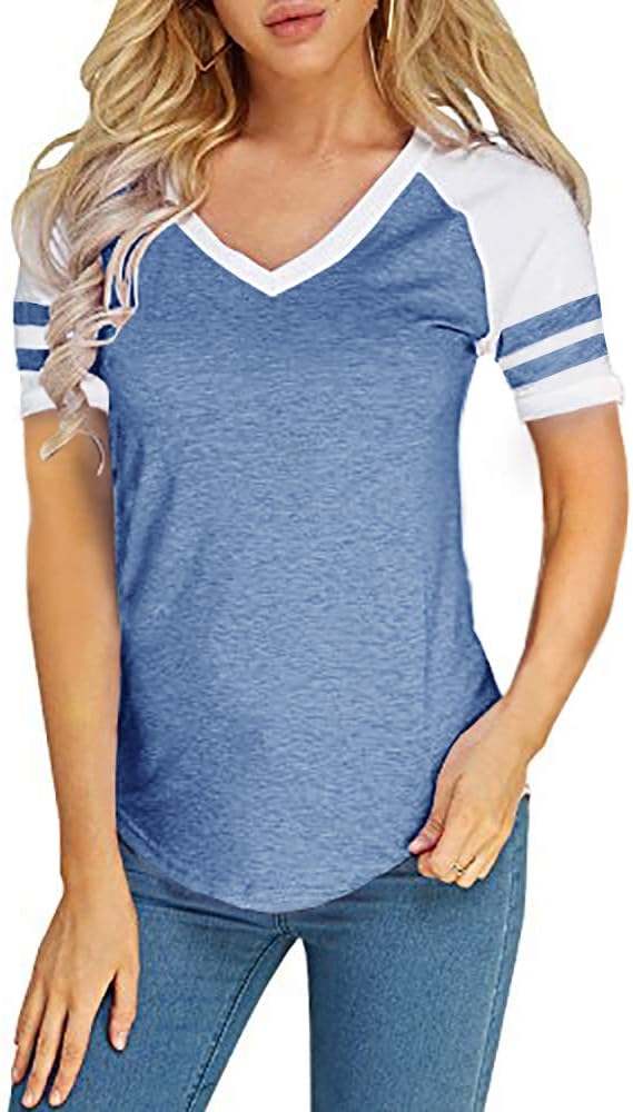 Foshow Womens Baseball Raglan Color Block T-Shirts Summer Short Sleeve V Neck Tees Jersey Casual Blouses Tops