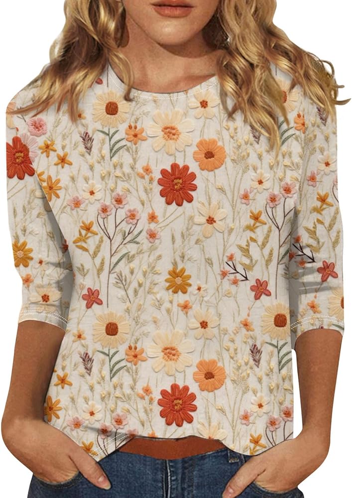 Women's T-Shirts, Women's Fashion Sunflower Flower Print 3/4 Sleeve Round Neck Top