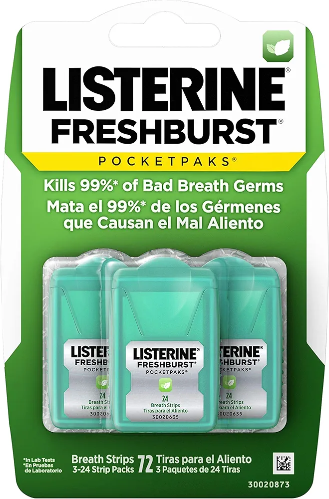 Listerine Freshburst Pocketpaks Breath Strips, Dissolving Freshener Strips Kill 99% of Germs that Cause Bad Breath, Portable for On-the-Go, Minty Flavor, 3 packs of 24-strips Each