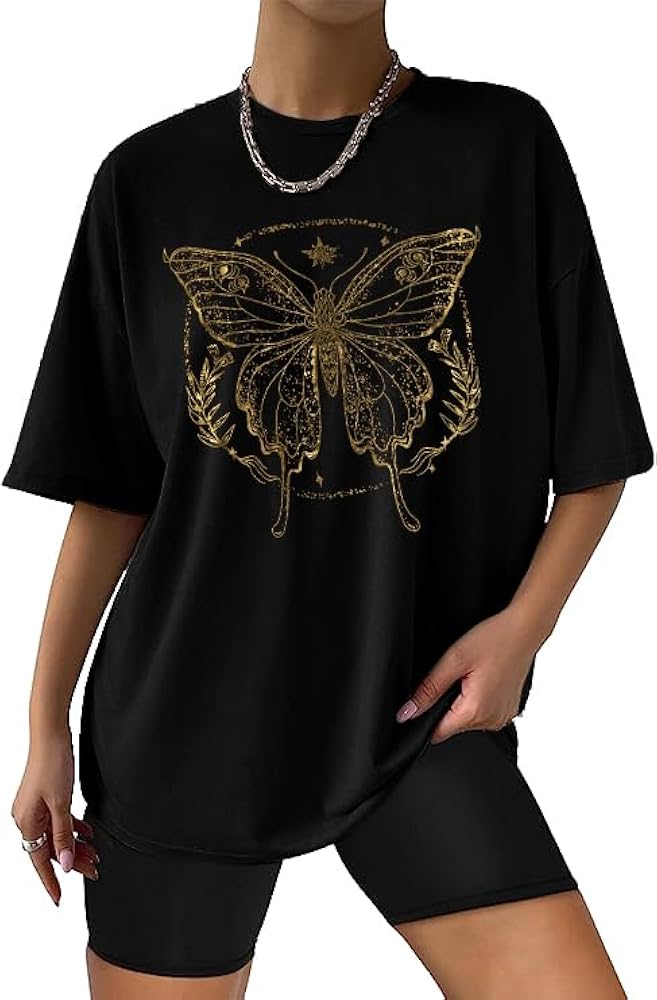 KIDDAD Women's Fashion Butterfly Graphic Tees Oversized Crew Neck T Shirts Short Sleeve Casual Cute Top