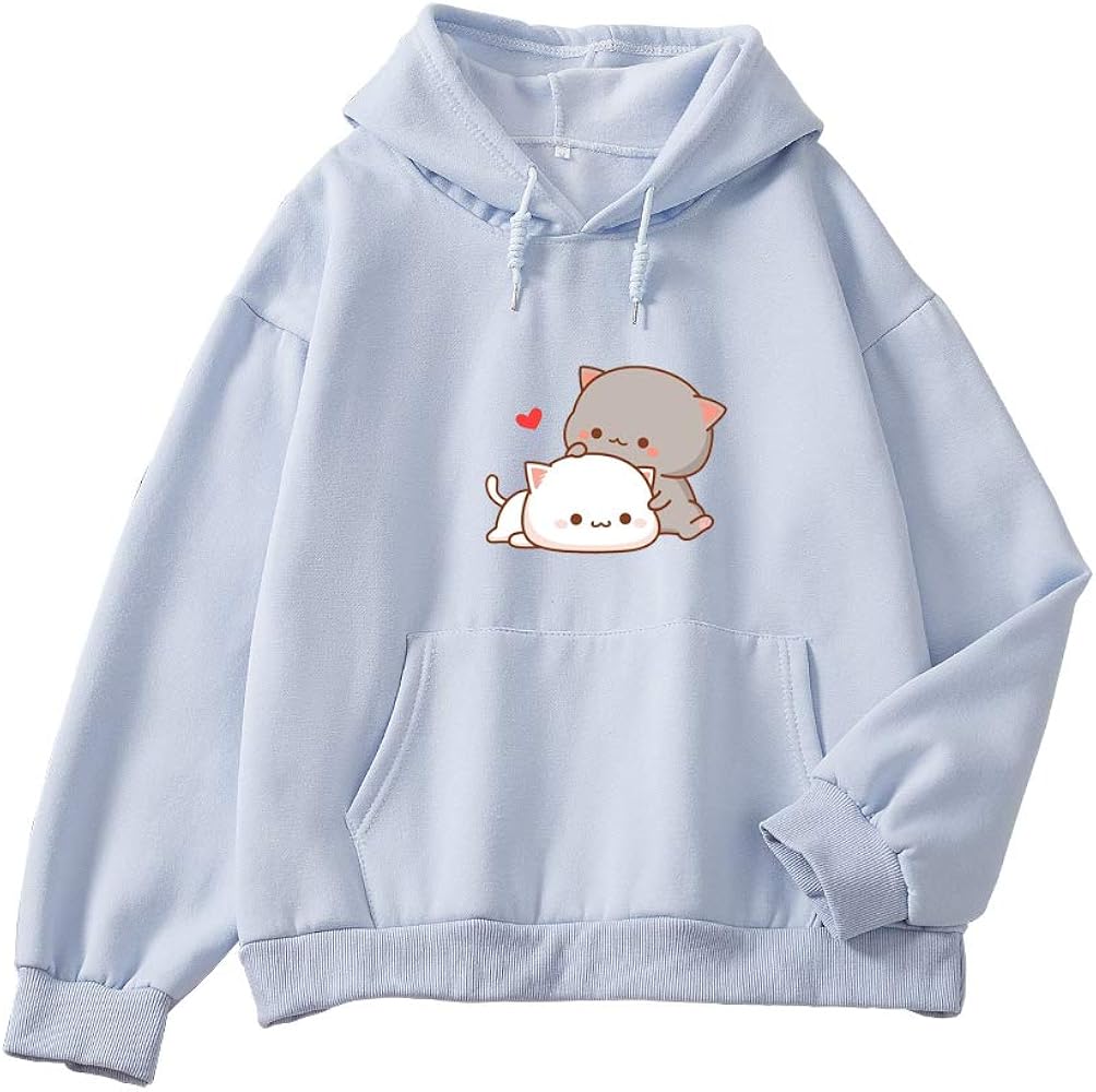 Women Kawaii Cartoon Cute Cat Graphic Casual Cotton Pullover Hoodies Sweatshirt