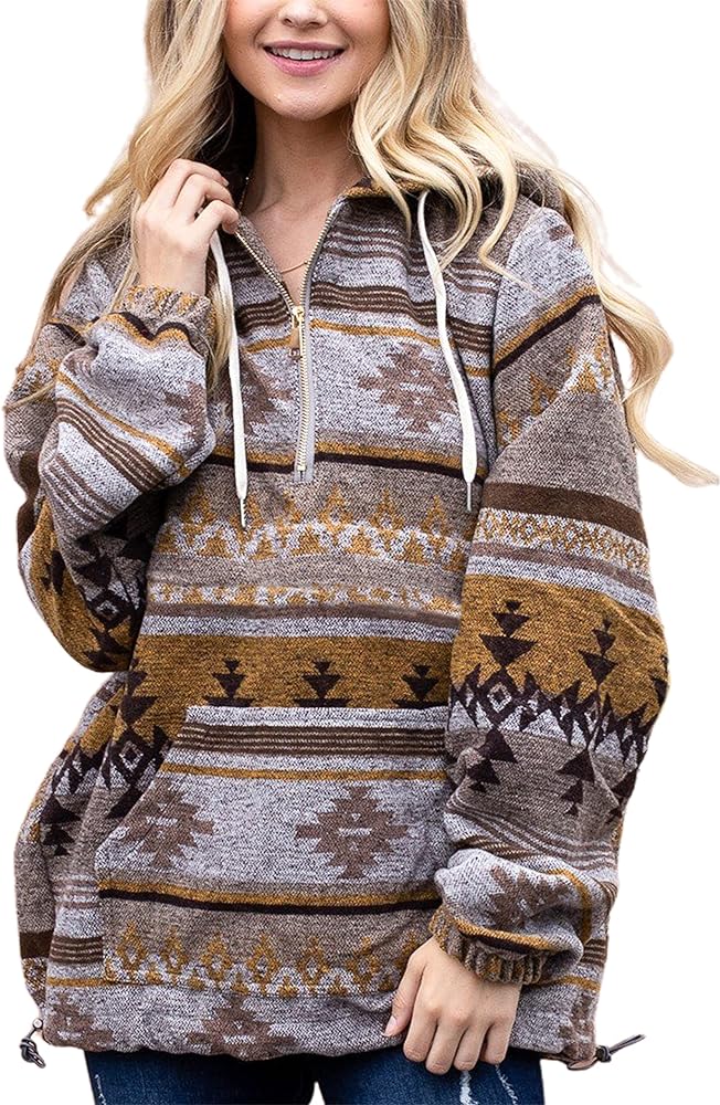 SCUSTY Womens Western Ethnic Hoodies Quarter Zip Aztec Hoodie Pullover Oversized Sweatshirt