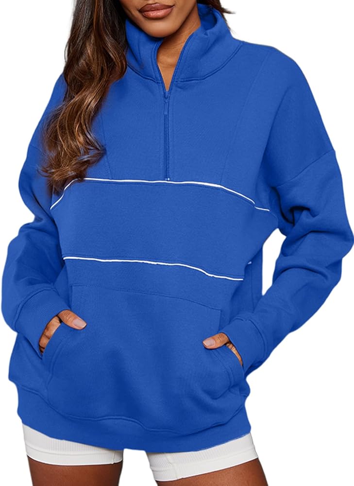 BLENCOT Women's Casual Striped Half Zip Up Drop Shoulder Sweatshirt Oversized Long Sleeve Pullover Tops with Pockets