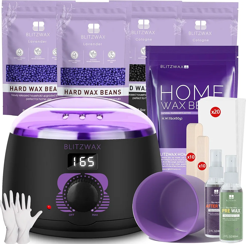 BLITZWAX Digital Waxing Kit for Hair Removal Black Wax Machine for Women Men Hard Wax Kit with 1lb Lavender Wax Beads for Eyebrow, Face, Brazilian and Sensitive Skin - Ideal for Home and Salon Use