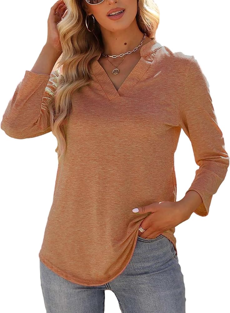 Women's V Neck Business Casual 3/4 Sleeve Shirts Loose Work Blouses