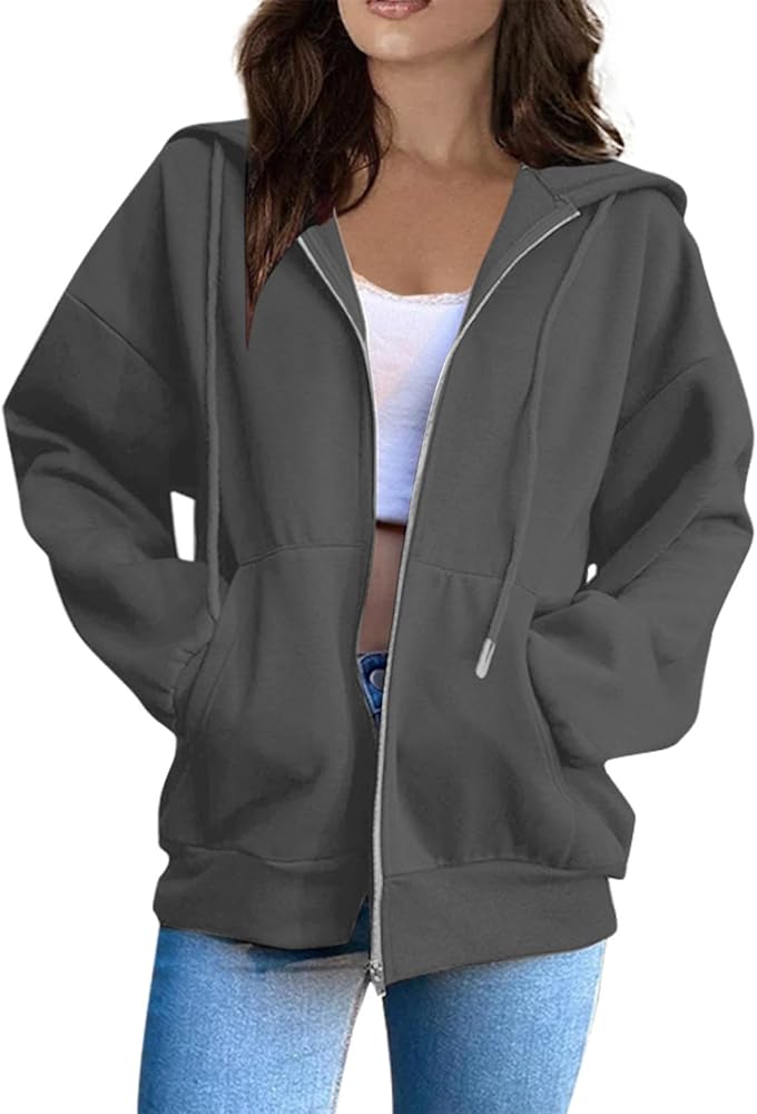 Womens Zip Up Hoodies Long Sleeve Oversized Sweatshirts Y2K Jacket Pockets Patchwork Design T-Shirt Hoodie for Women