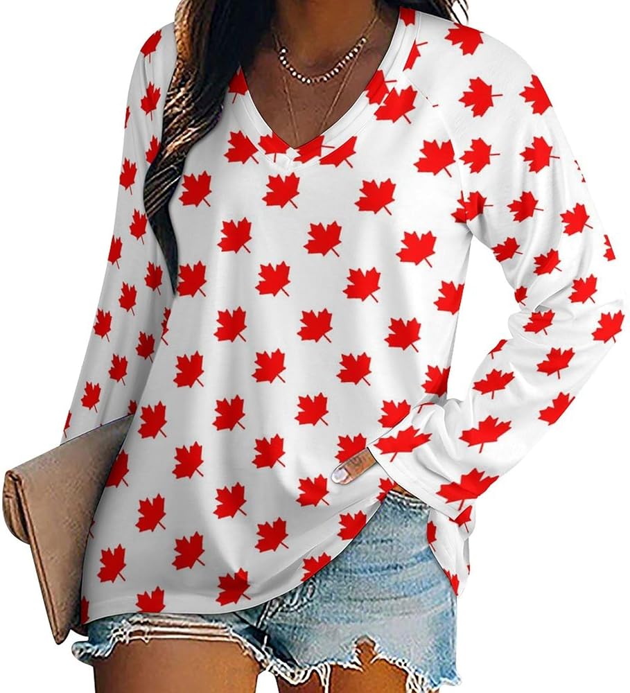 Canadian Maple Leaf Loose Womens Shirts Long Sleeve Tees Tops Casual V-Neck Graphic Blouses