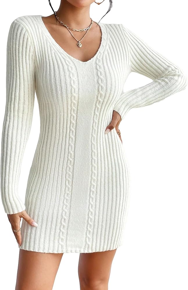 Verdusa Women's Long Sleeve V Neck Cable Knit Mini Sweater Bodycon Dress