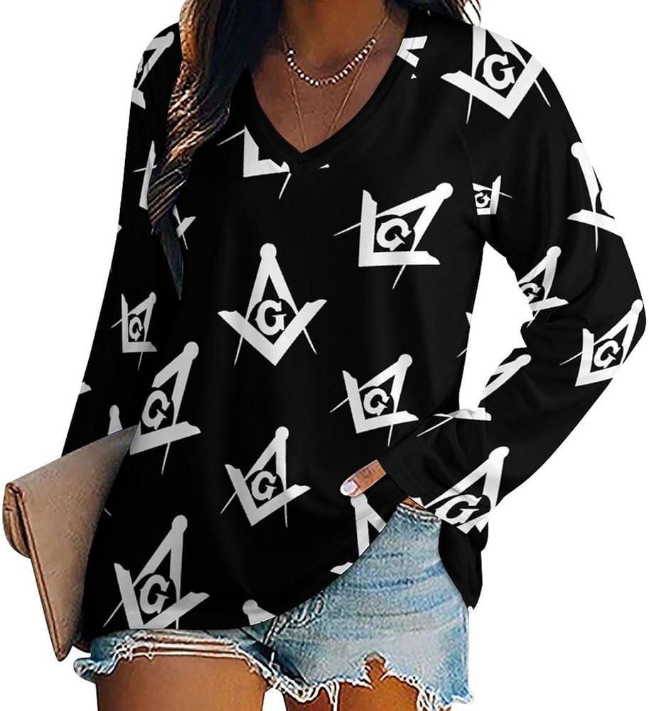 Freemason Logo Square Loose Womens Shirts Long Sleeve Tees Tops Casual V-Neck Graphic Blouses