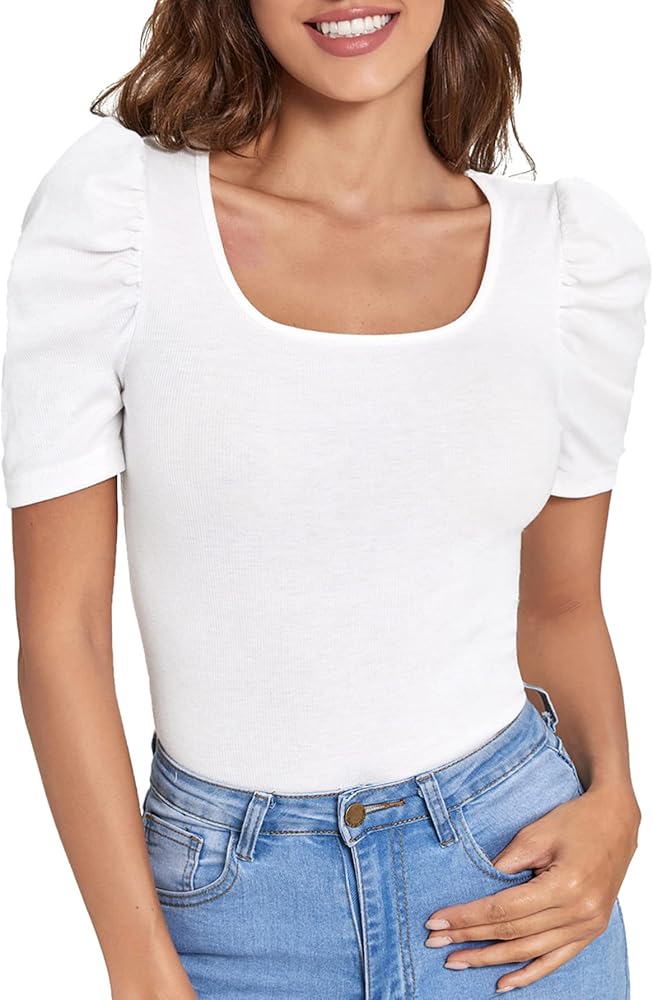 Verdusa Women's Casual Puff Sleeve Scoop Neck Slim Fit Ribbed Tee Shirt Top