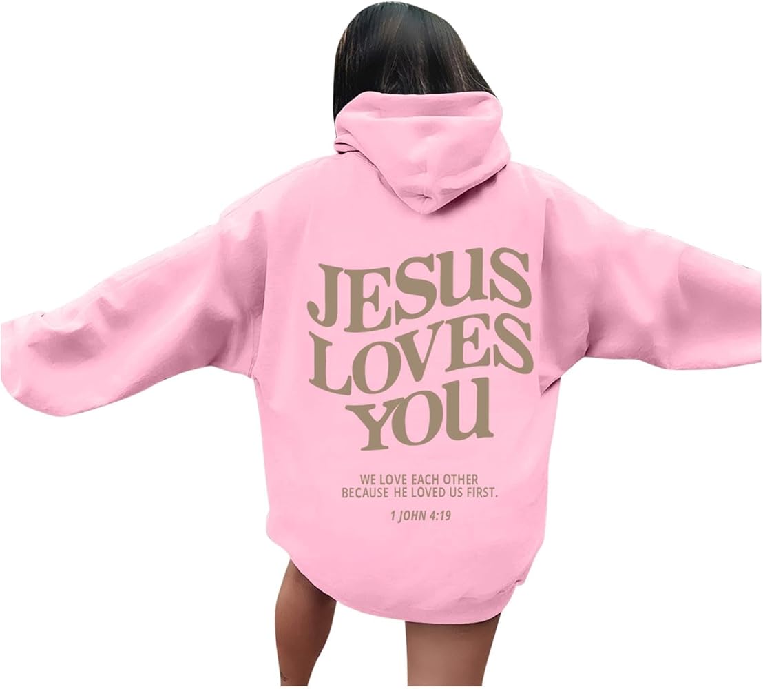 Trendy Hoodies for Women Jesus Loves You Letter Print Pullover Top Oversize Hooded Sweatshirts with Pocket Long Sleeve Hoodie Hoodies for Women with Designs (A13 Pink,S)