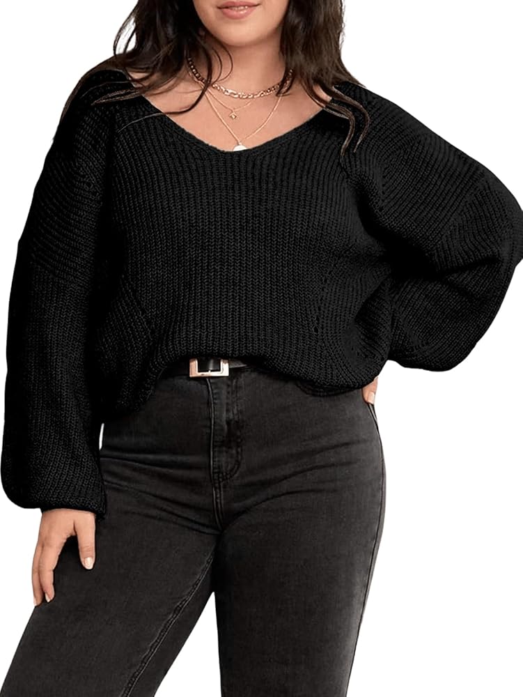 SOLY HUX Women's Plus Size Sweater V Neck Drop Shoulder Long Sleeve Oversized Pullover Tops