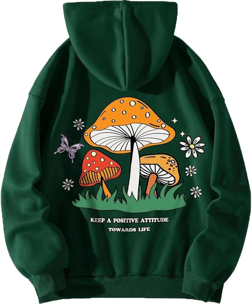 Sdencin Women Mushroom Graphic Letter Print Oversized Fleece Hoodie Long Sleeve Casual Hooded Sweatshirt Pullover Tops