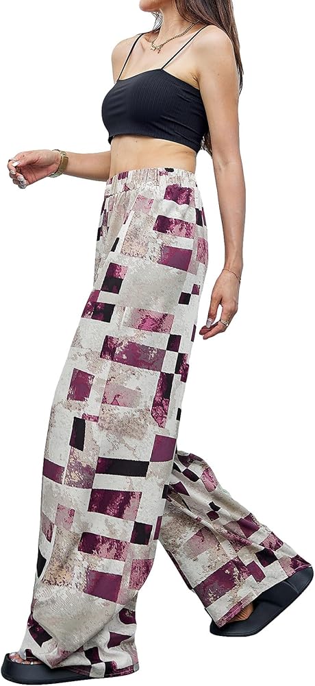 OYOANGLE Women's Trousers Patchwork Print Elastic Waist Straight Wide Leg Long Pants with Pocket Burgundy L