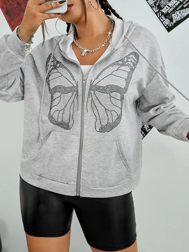 Plus Size Women for Sweatshirt - Plus Rhinestone Butterfly Pattern Zip Up Drop Shoulder Drawstring Hoodie (Color : Light Grey, Size : X-Large)