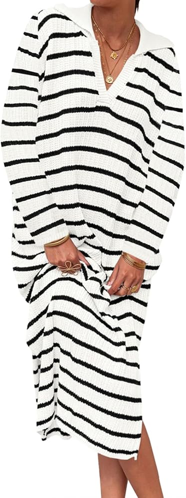 Saodimallsu Womens Striped Sweater Dress Fall Chunky Knit V Neck Collared Long Sleeve Sexy Slit Loose Midi Dresses