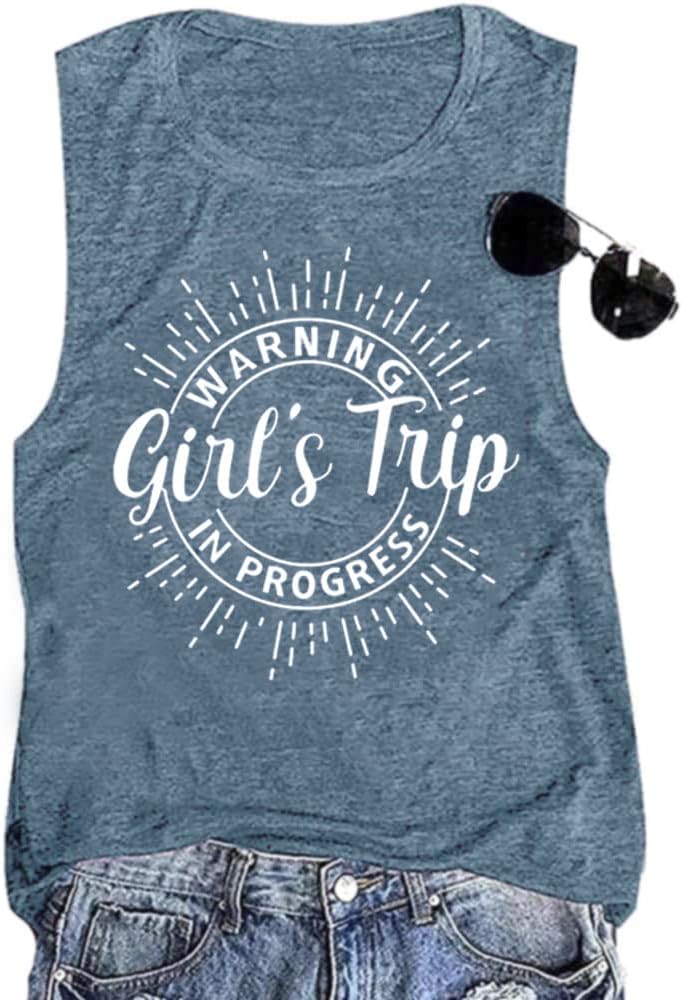 Warning Girls Trip in Progress T-Shirt Shirt Vacation Outfits for Women Holiday Shirts Girls Weekend Tee