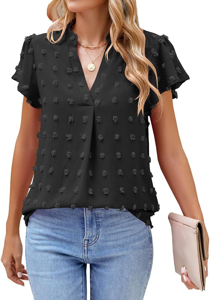 MIRALUNA Blouses for Women Dressy Casual V Neck Ruffle Sleeve Chiffon Swiss Dot Cute Summer Tops for Women 2024