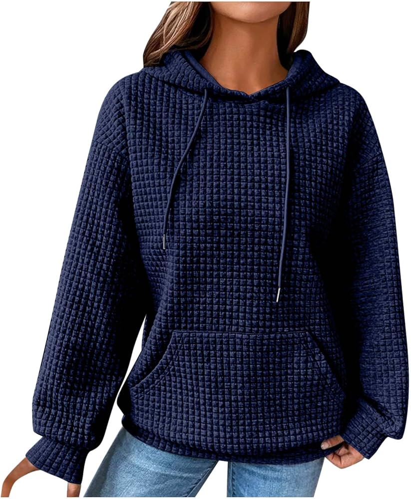 Womens Hoodies Casual Long Sleeve Drawstring Waffle Pullover Tops Loose Sweatshirt with Pocket Fall Clothes