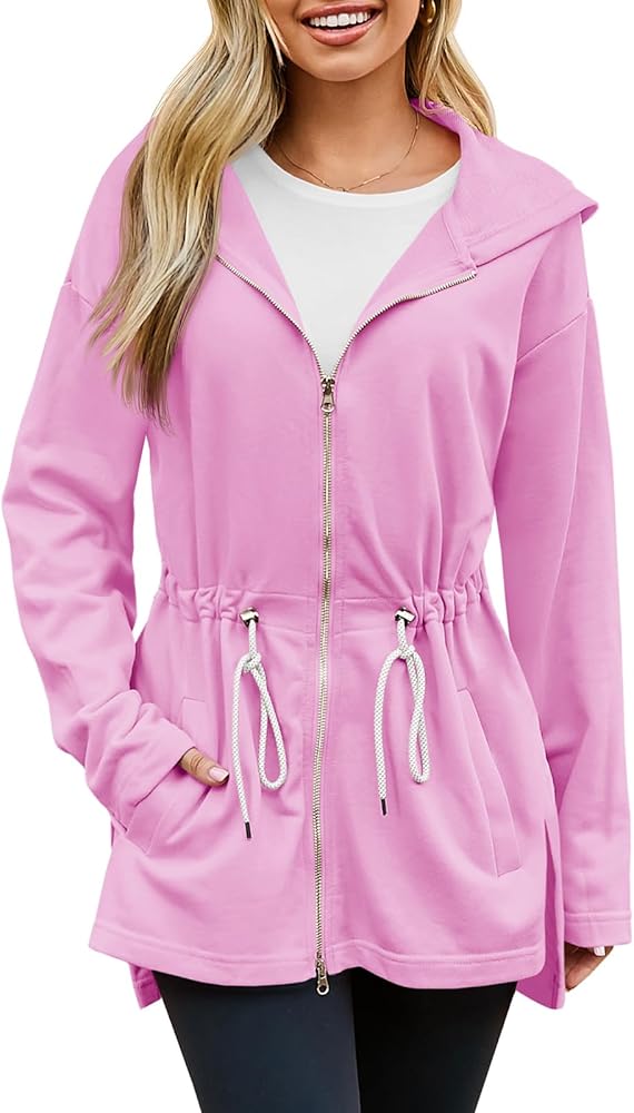 Fisoew Women's Zip Up Hoodie Sweatshirts Oversized Long Sleeve Casual Drawstring Waist Side Slit Tunic Tops Pink