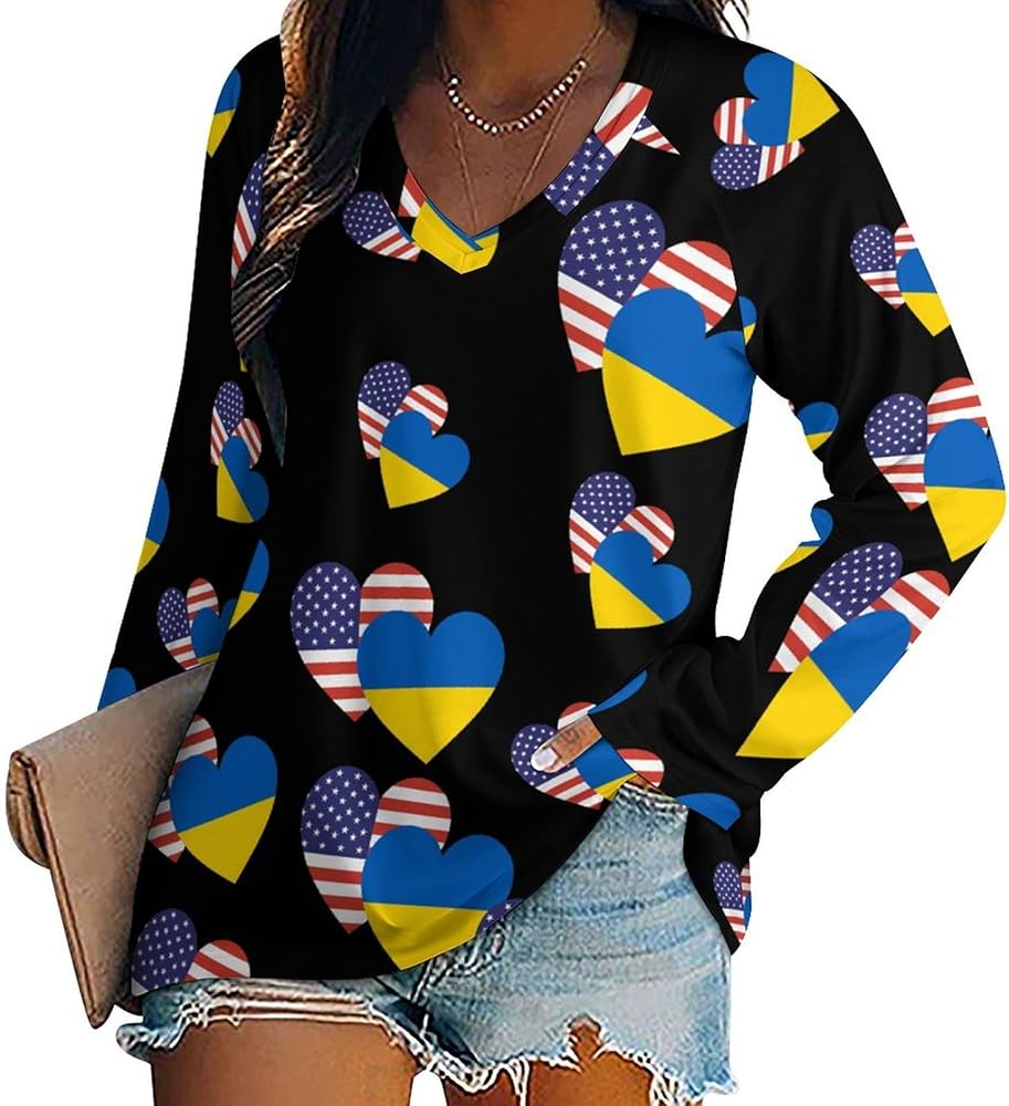 Ukrainian American Heart Flag Loose Womens Shirts Long Sleeve Tees Tops Casual V-Neck Graphic Blouses