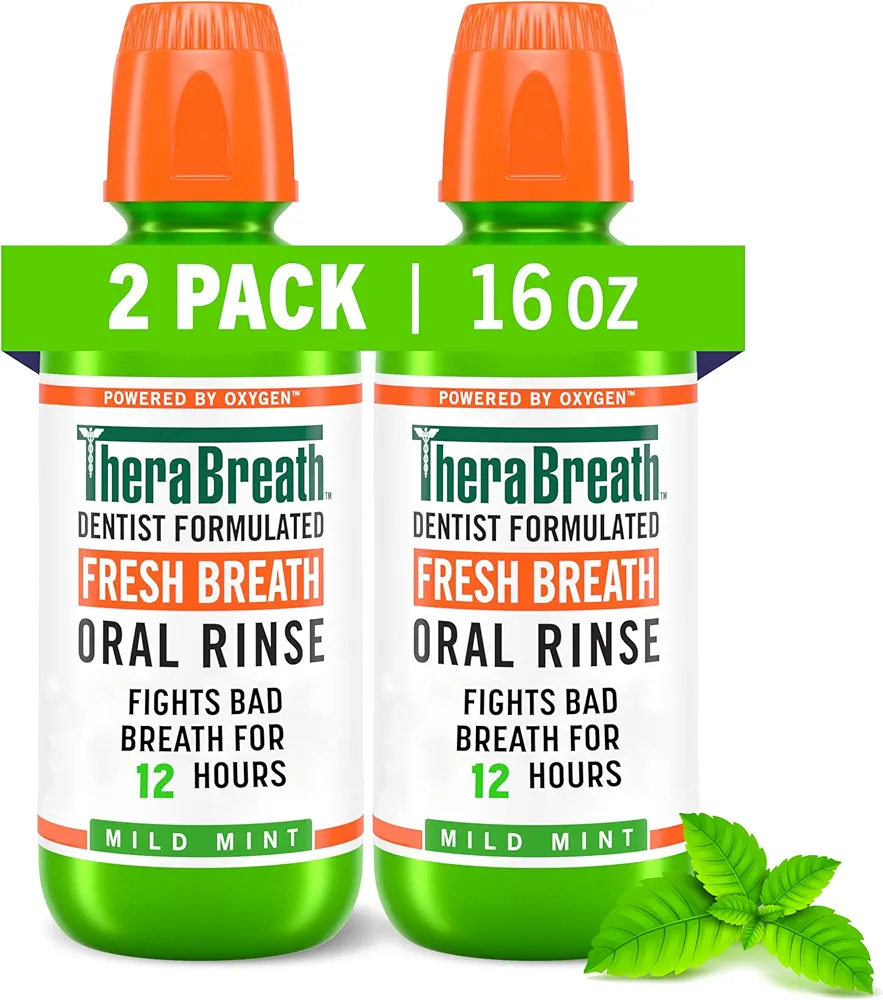 TheraBreath Fresh Breath Mouthwash, Mild Mint Flavor, Alcohol-Free, 16 Fl Oz (2-Pack)