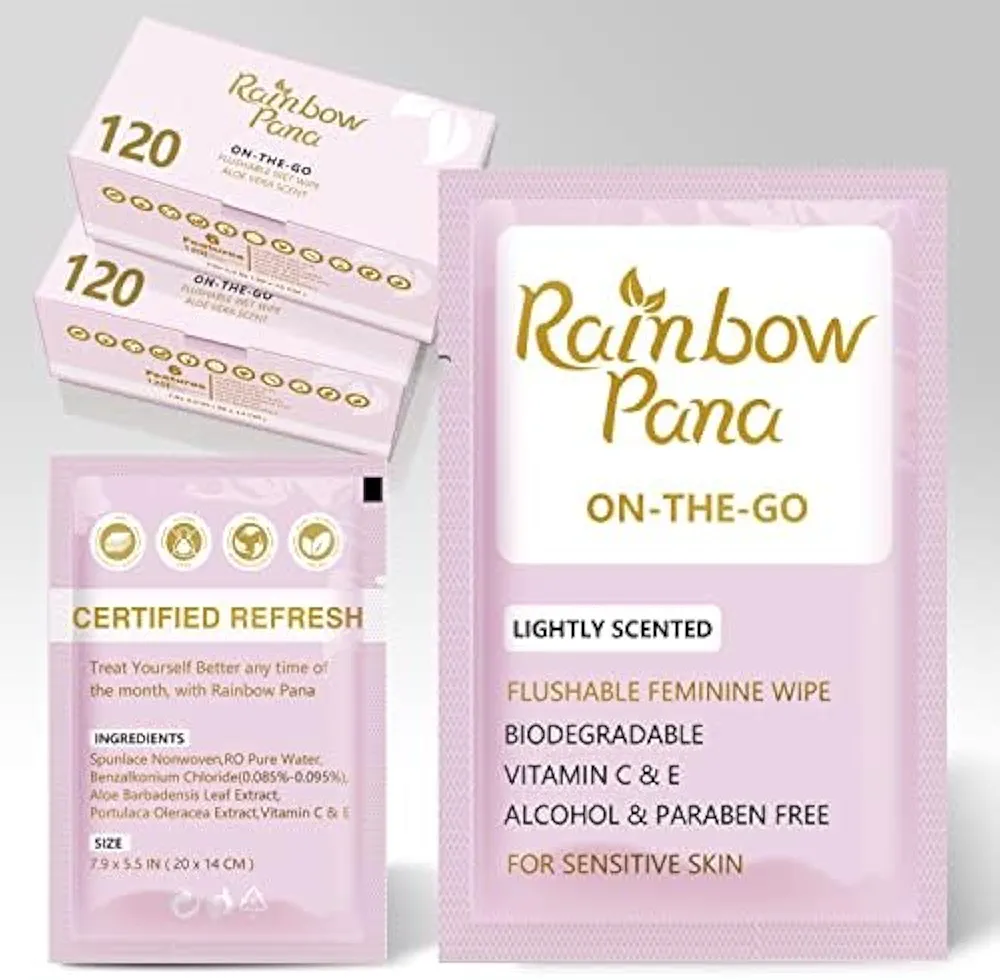 RainbowPana Feminine Wipes, 240 Count ON-THE-GO Individually Wrapped | Flushable Wipes, Travel Wipes for Women, Pre/Post-Intimacy Cleansing | Aloe, Portulaca, Vitamin E | pH Balanced, Biodegradable