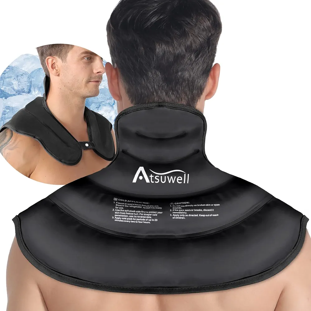 Neck Shoulder Ice Pack, Atsuwell Reusable Gel Ice Pack for Neck and Shoulders, Cold Pack Wrap for Upper Back, Cold Compress Therapy for Injuries, Swelling, Bruises, Inflammation, Black