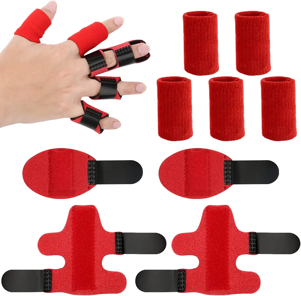 SAVITA 2pcs Finger Splints 2pcs Short Finger Straightener and 5pcs Finger Sleeves, Adjustable Finger Stabilizer Brace Finger Support for Sprained Swollen Strained Fingers (Red)