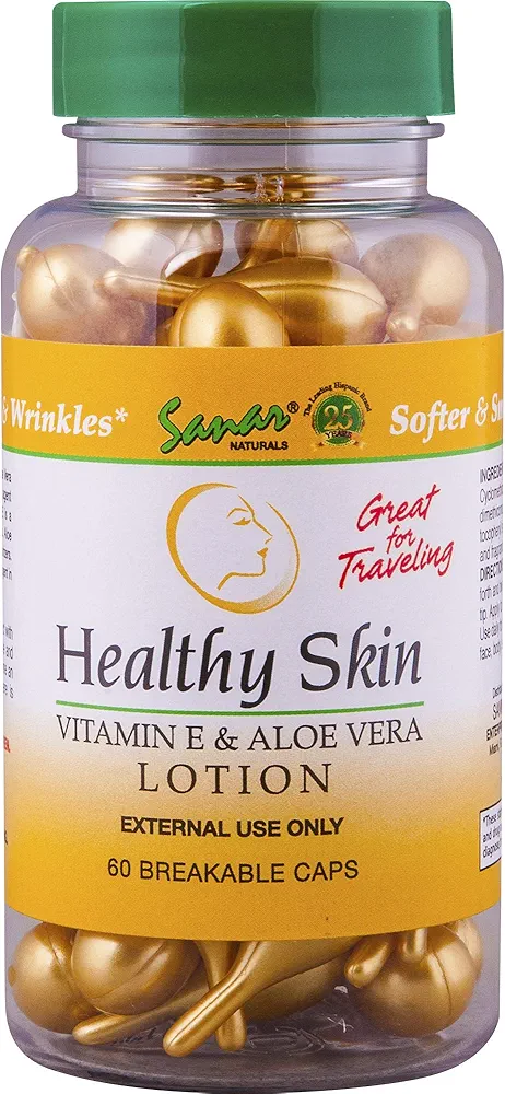 Sanar Naturals Healthy Skin Moisturizer - Vitamin E and Aloe Vera - Body Lotion for Dry Skin, Face, Hands, Feet, Legs, Neck - Travel Size Serum for Women and Men, 60 Ampoule Capsules