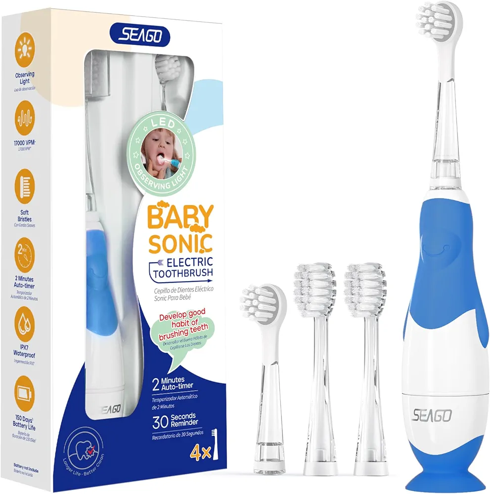 SEAGO Toddler Electric Toothbrushes for Baby Ages 0-3 Years, Baby Toothbrush with Smart Timer and Suction Base, 4 Replacement Brushheads (Navy-C)