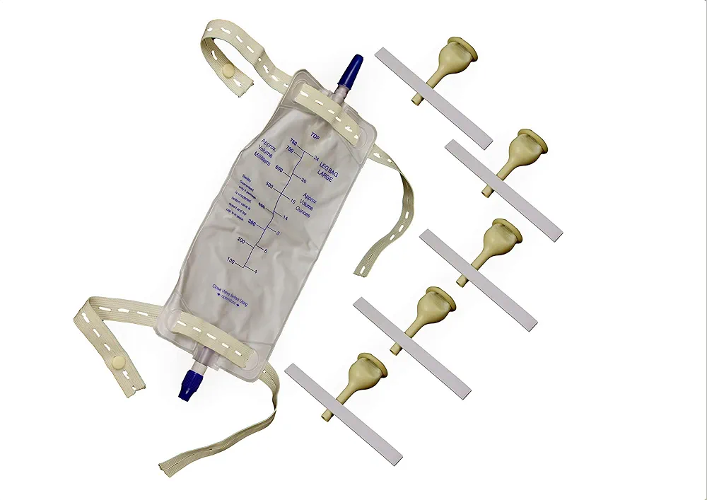 Complete Kit Urinary 5 Days 5 Rubber Condom Catheters External Self-Seal Medium 25 mm 1 Inches + Leg Bag 750ml + Straps (Meduim 25 mm 1 Inches)