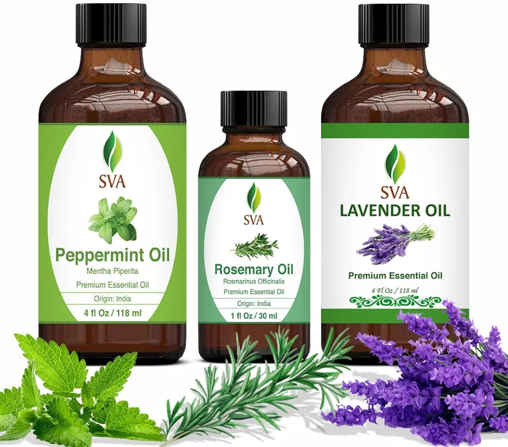 SVA Rosemary Essential Oil 1oz, Lavender Essential Oil 4oz and Peppermint Essential Oil 4oz Bundle Super Saver Combo – Premium Grade Value Set for Aromatherapy, Skincare and Haircare