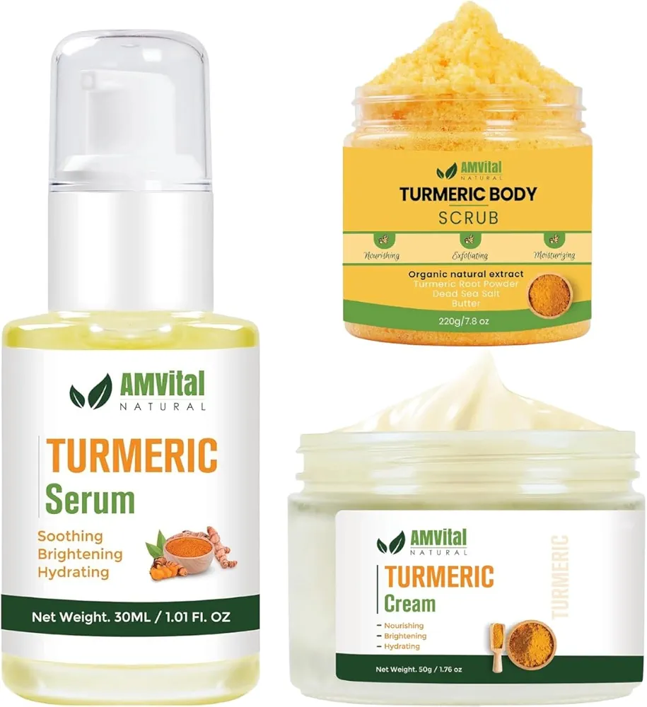 Turmeric Skincare Trio - Turmeric Scrub, Turmeric Serum, and Turmeric Cream - Handcrafted, All-Natural Formulas - Suitable for All Skin Types