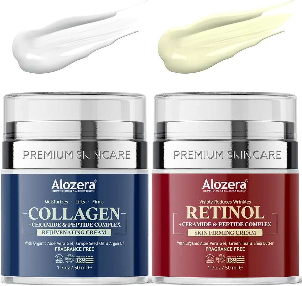 Collagen and Retinol Facial Moisturizer Duo - Hydrating and Anti-Aging Collagen Cream for Face with Peptides, Ceramide, and Retinol - Wrinkle Cream for Women and Men, 1.7 Oz Each