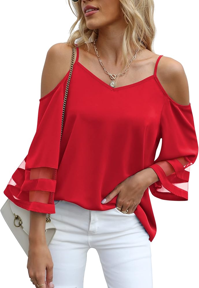 Jouica Women‘s Summer Cold Shoulder Tops Mesh Panel 3/4 Bell Sleeve Tees Adjustable Spaghetti Strap Loose Fit Shirts