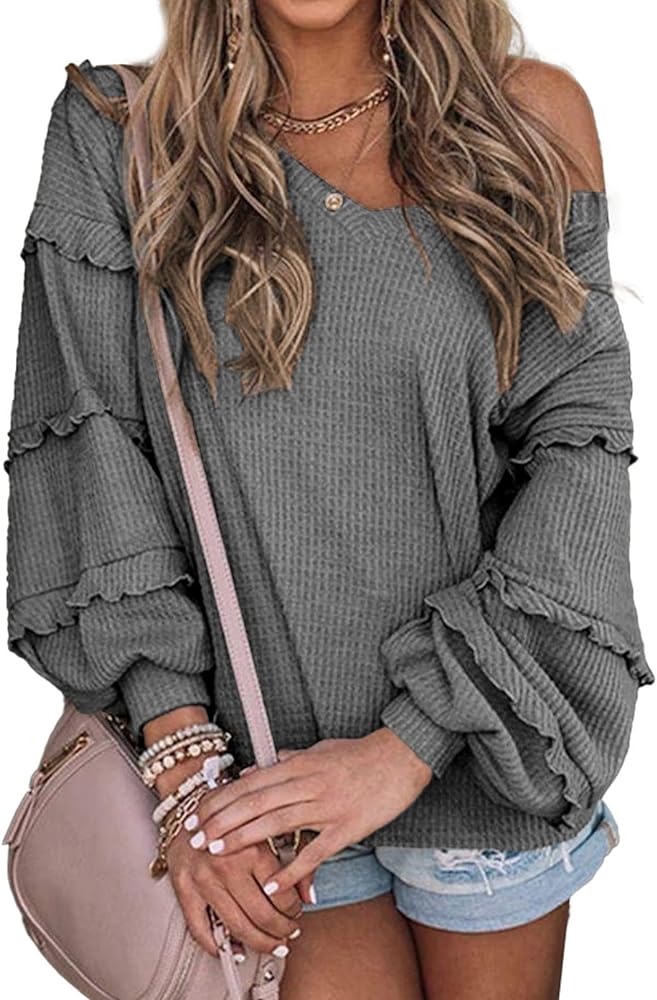 BTFBM Women’s V Neck Long Sleeve Blouse Loose Fit Tunics Ruffles Off Shoulder Waffle Knit Solid Color Tops Fall Tee Shirts