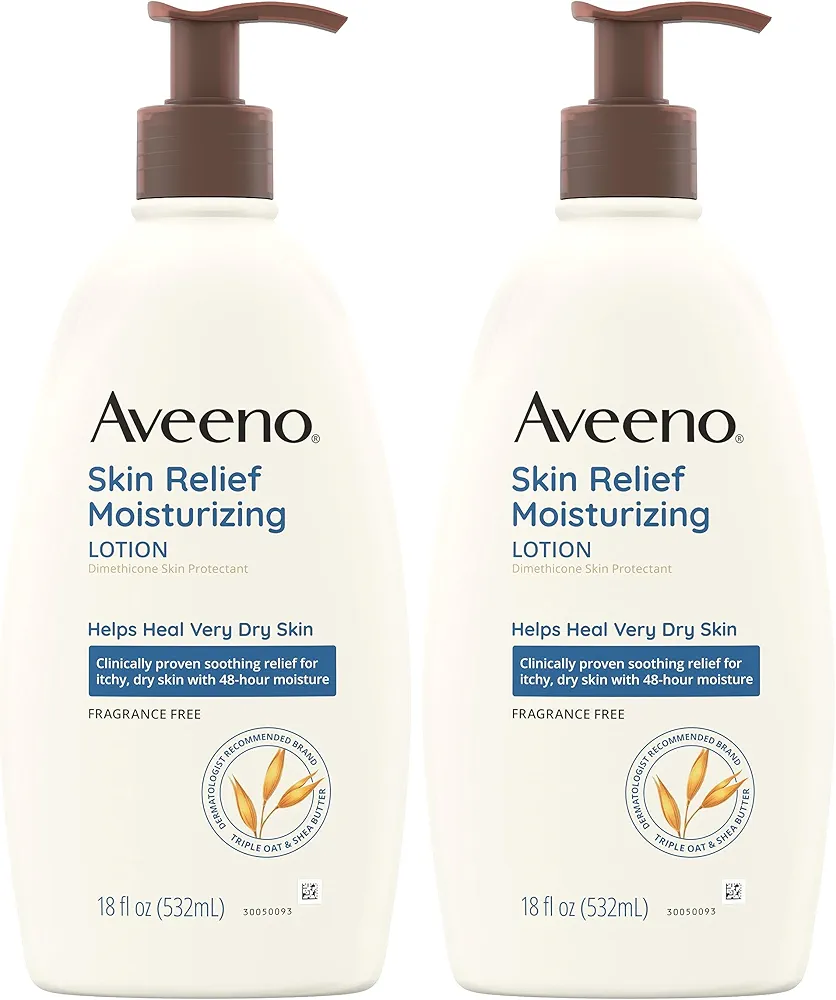 Aveeno Triple Oat Dry Skin Relief Moisturizing Lotion, Fragrance-Free, Skin Protectant, Twin Pack, 2 x 18 fl. oz