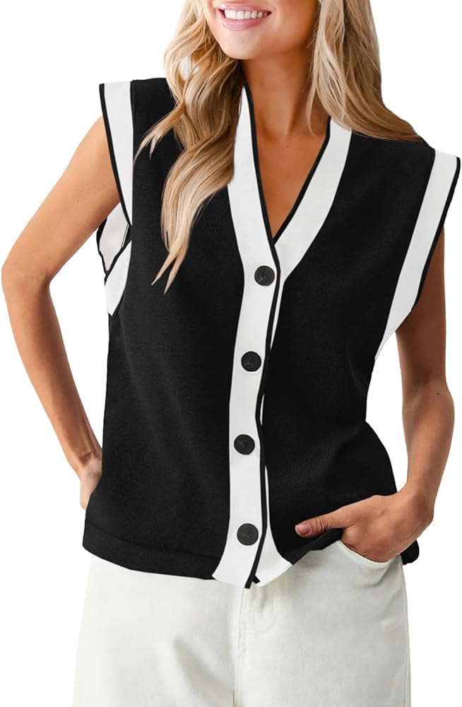 Saodimallsu Womens V Neck Sweater Vest Button Down Cap Sleeve Summer Trendy Color Block Loose Knit Tank Tops